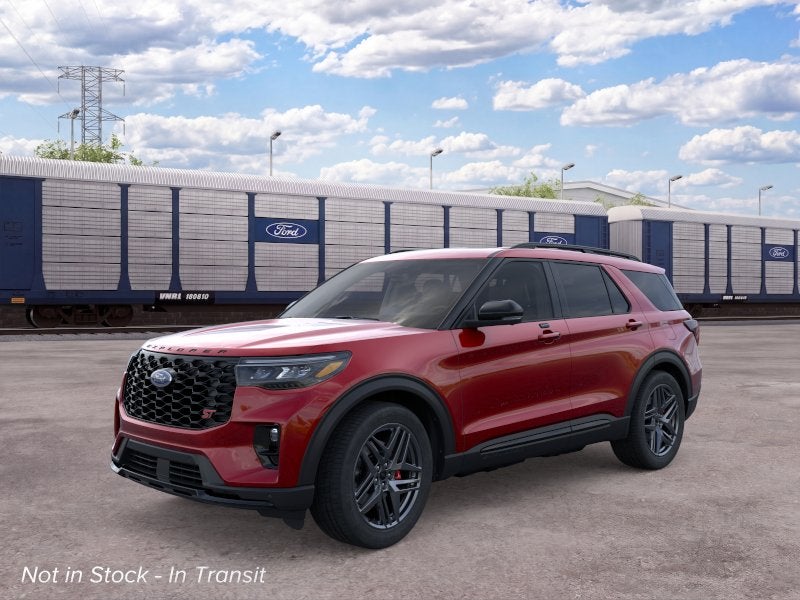 2026 Ford Explorer ST in Rapid Red Metallic Tinted Clearcoat — front three-quarter view
