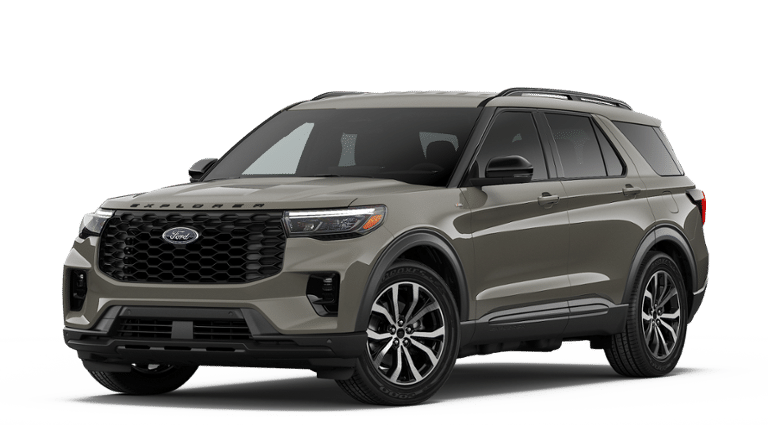2026 Ford Explorer ST-Line in Marsh Gray — front three-quarter view